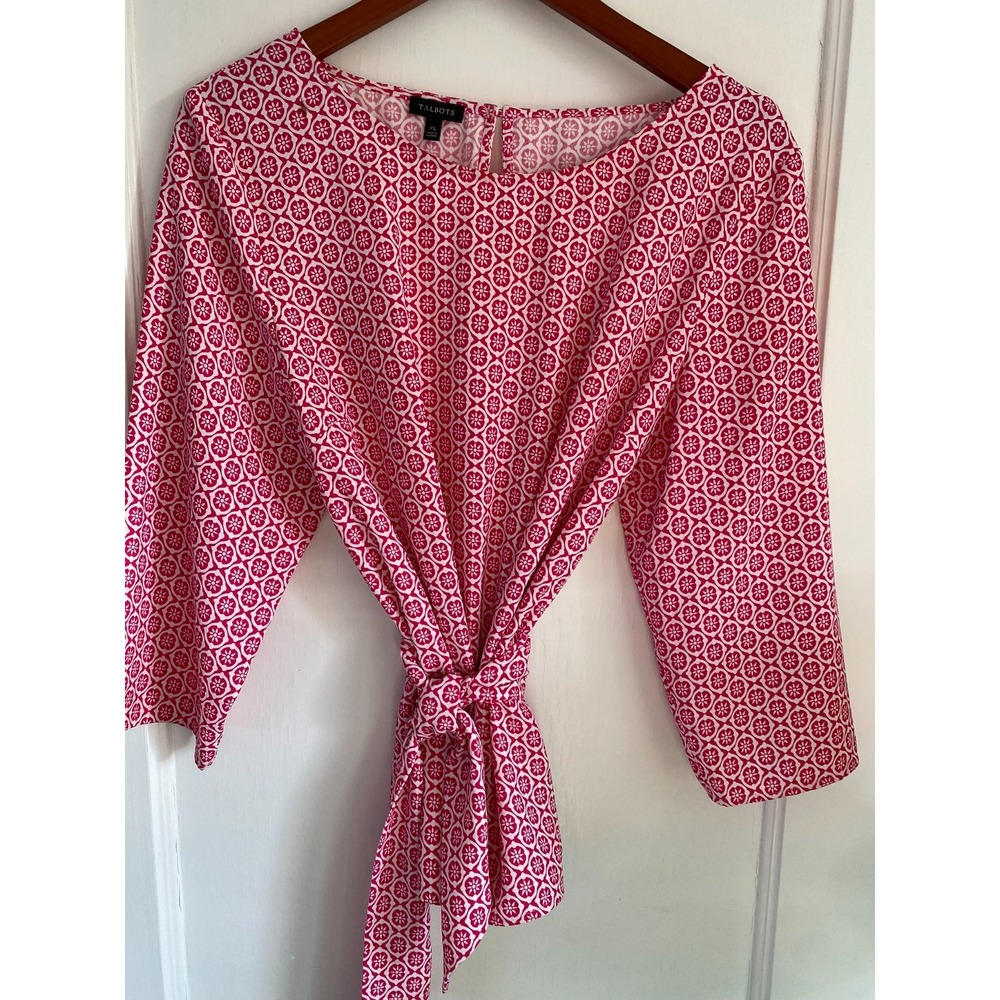 Talbots Blouse Women XL Pink Geometric Tie Waist 3/4 Sleeve Boat Neck Zip Top